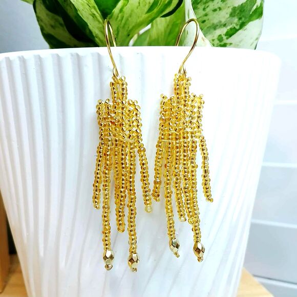 Gold Beaded Dangle Fringe Earrings, Seed Bead Jewelry, Boho Chic, 3" - Picture 4 of 6